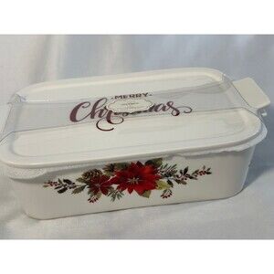 Grace Pantry Poinsettia Rectangular Porcelain Casserole Baking Dish/Lid New